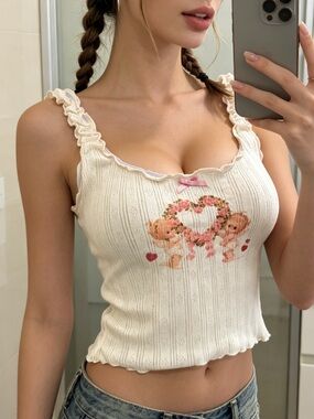 Women’s Cream Ribbed Tank Top with Floral Heart Print